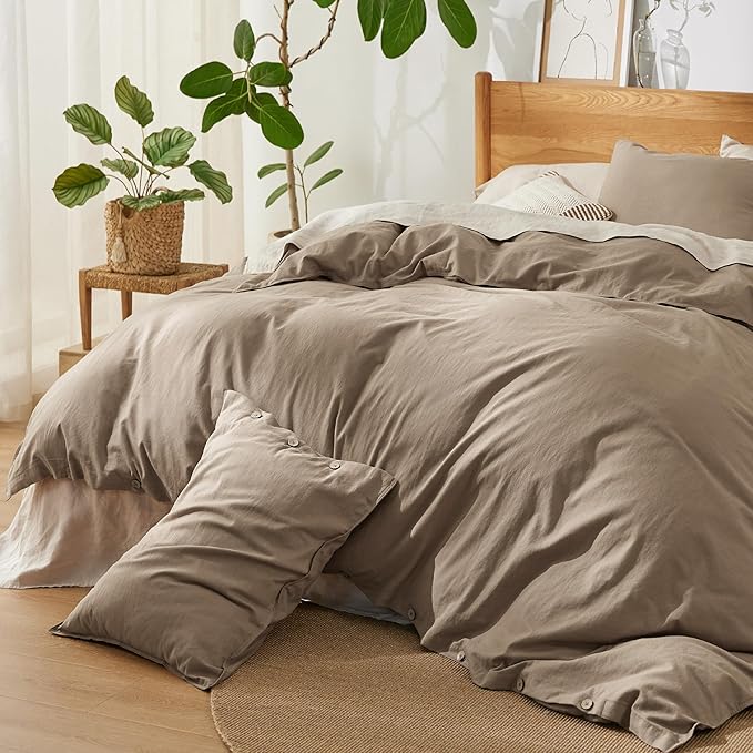 Bedsure Linen Duvet Cover Queen - Linen Cotton Blend Bedding Set, Soft & Cozy, 3 Pieces, 1 Duvet Cover 90x90 Inches and 2 Pillowcases, Brown Color Cooling Bedding, Comforter Sold Separately