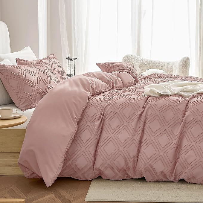 JELLYMONI Duvet Cover Queen Size Smokey Pink - 3PCS Boho Duvet Cover Set Plaid Polyester Tufted Bohemian Jacquard Knit Textured Comforter Cover 90×90in Rhombic Geometric Pattern Zipper Corner Tie