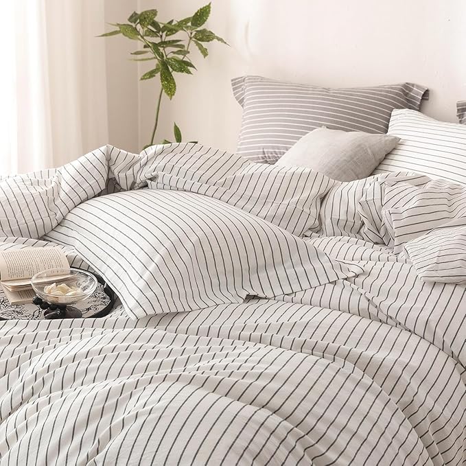 Stripe Duvet Cover Oversized King Size 120inch x 98inch, 100% Washed Cotton Linen Feel Duvet Cover with Zipper Closure and 2 Pillowcases, Color of White-Dark Grey Stripe