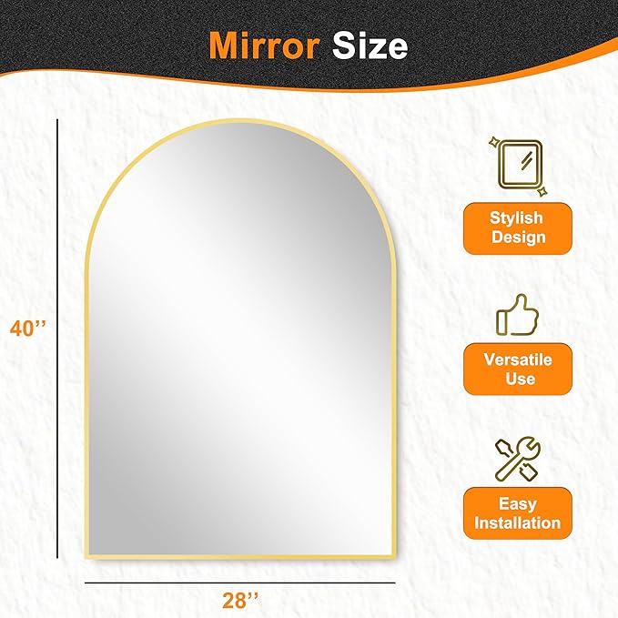 Delma Arched Bathroom Mirror, 28"x40" Wall Mounted Vanity Mirror for Bedroom, Living Room and Entryway, Gold