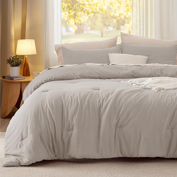 Bedsure Full Size Comforter Set, Linen Soft Prewashed Bedding for All Seasons, 3 Pieces GentleSoft™ Warm Down Alternative Bed Set, 1 Lightweight Comforter (82"x86") and 2 Pillowcases (20"x26")