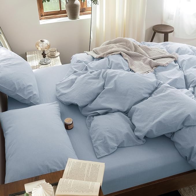 FOSSA Duvet Cover Set 100% Washed Cotton Linen Feel Super Soft Breathable Cozy 3 Pieces Bedding Sets Solid Cornflower Blue Super King