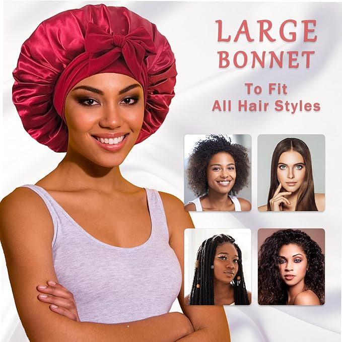 Bonnet with Tie Band, Satin Hair Silk Bonnet for Sleeping Women, Sleep Bonnets for Women, Double Layer Sleep Cap for Curly Hair Braids