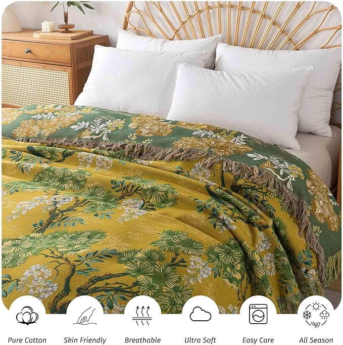 Qidordour Boho Throw Blanket, 80"x90" Muslin Blankets, 100% Organic Cotton Blanket for Couch Sofa, Lightweight Quilt with Tassel, All Season Bed Throw, Farmhouse Home Decor, A-Sophora Flower