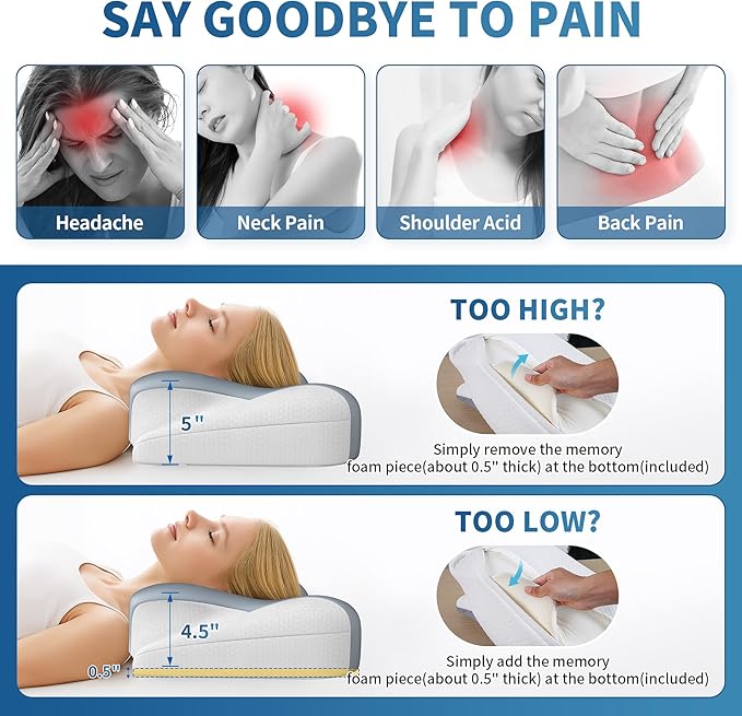 Cervical Neck Pillow - Ergonomic Contour Cooling Memory Foam Pillows for Neck and Shoulder Pain Relief, Orthopedic Bed Pillow for Side Back Stomach Sleeper with Washable Pillowcase