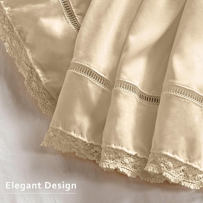 MIYE Wrap Around Ruffled Lace Bed Skirt, Elastic Dust Ruffle with Adjustable Belts, Easy to Put On, Bed Frame Cover, Machine Washable (Floral Lace/Light Beige, King/Queen-18 Drop)