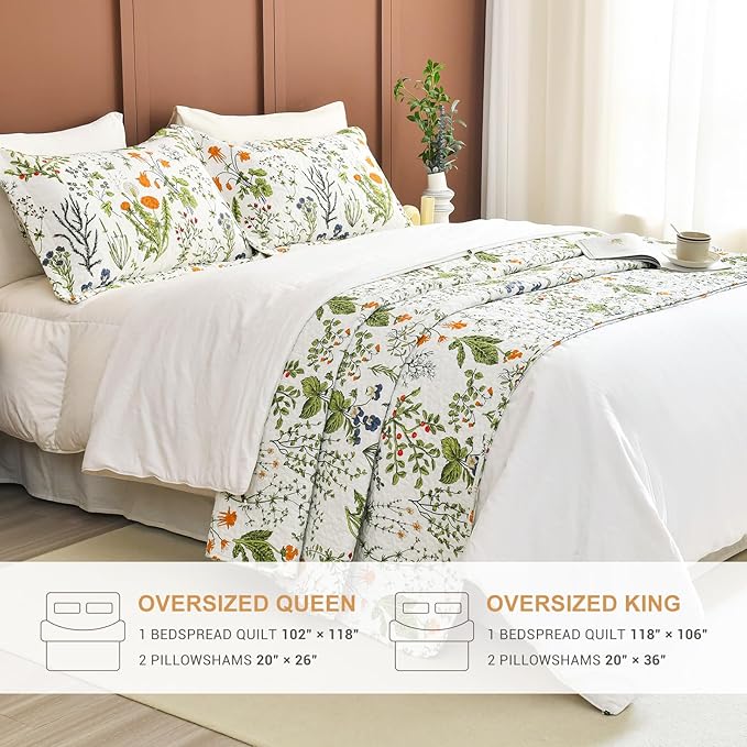 Lady Ann 100% Cotton Floral Cal King Quilt Set - Yellow Flowers & Leaves Pattern Plant Botanical Printed Quilted 118x106 Bedspread & Coverlet Set, 3 PCS Lightweight Queen Bedding Sets All Season
