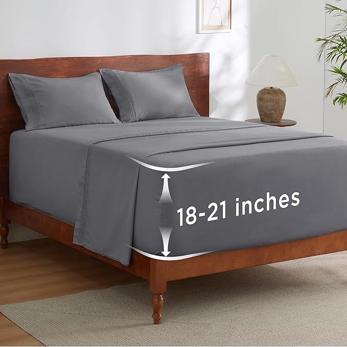 Bedsure Deep Pocket King Sheet Set - Fits Mattresses Up to 21 Inches Thick - 4 Piece GentleSoft Bed Sheets, Moisture Wicking, Soft & Cooling Bedsheet & Pillowcases, Easy & Secure Fit, Grey