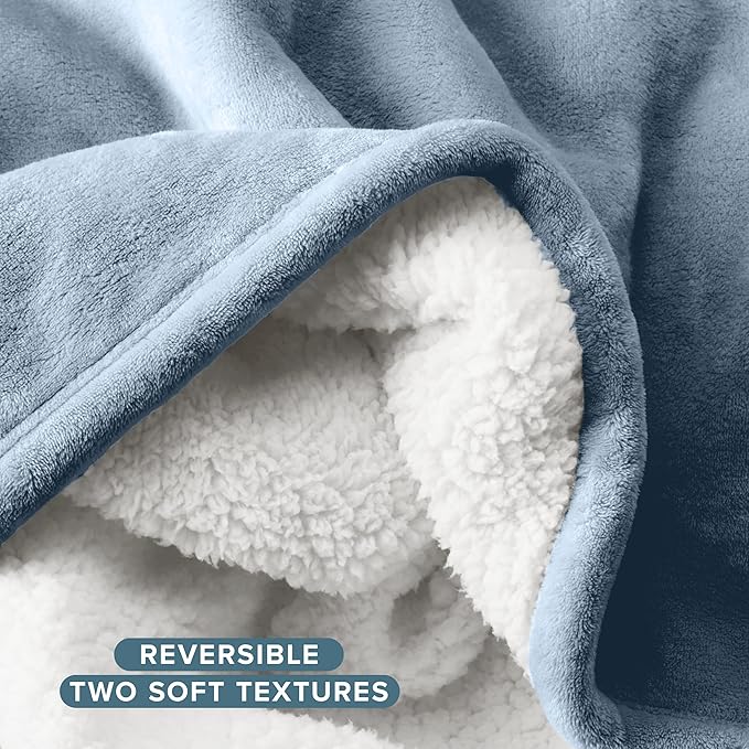 Bare Home Sherpa Fleece Blanket - Throw/Travel Size - Blanket for Bed, Sofa, and Couch - Warm & Lightweight - Fluffy & Soft - Reversible (Throw/Travel, Dusty Blue)