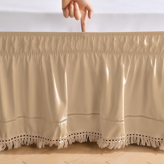 MIYE Wrap Around Ruffled Lace Bed Skirt, Elastic Dust Ruffle with Adjustable Belts, Easy to Put On, Bed Frame Cover, Machine Washable (Tassel Ruffle/Beige, Full/Twin-18 Drop)