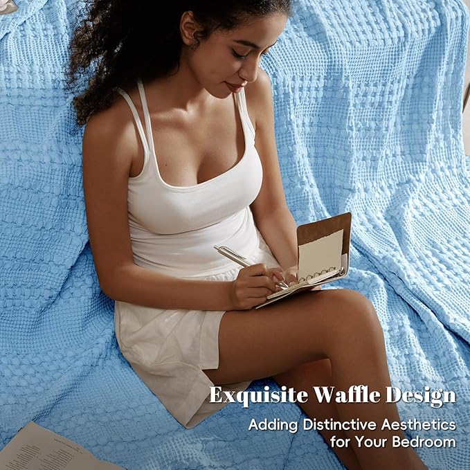 PHF 100% Cotton Waffle Weave Blanket King Size for Bed, Soft Lightweight & Breathable, All-Season Comfort, Luxury Aesthetic Woven Bedding for Home Decor, 108"x90", Sky Blue