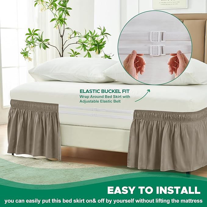 Biscaynebay Wrap Around Bed Skirts for King & Cal King Beds 18" Drop, Taupe Adjustable Elastic Dust Ruffles Easy Fit Wrinkle Resistant Silky Luxurious Fabric Machine Washable