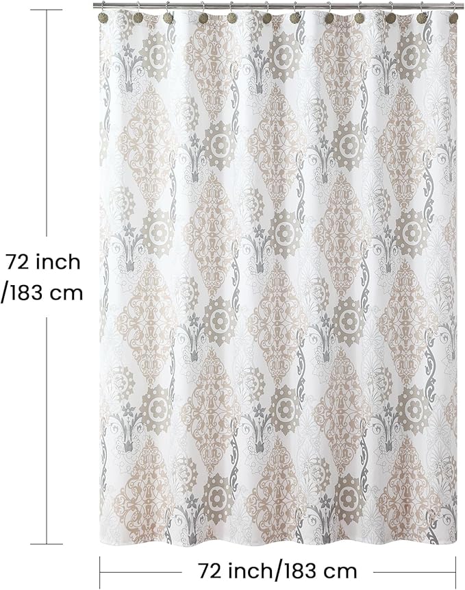 Fabric Shower Curtain, White and Beige Boho Damask Print Shower Curtains for Bathroom, 72" W x 72" H