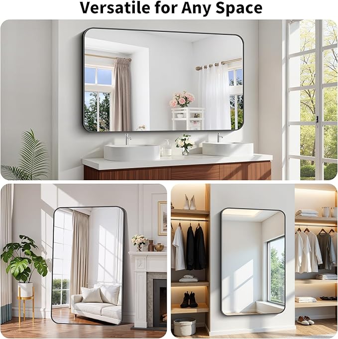 Koonmi Black Framed Bathroom Mirror - 36x60 Inch Shatterproof Tempered Glass Vanity Mirror for Bathroom Sink, Wall Mounted with Matte Aluminum Alloy Frame, No Distortion, Modern Decor