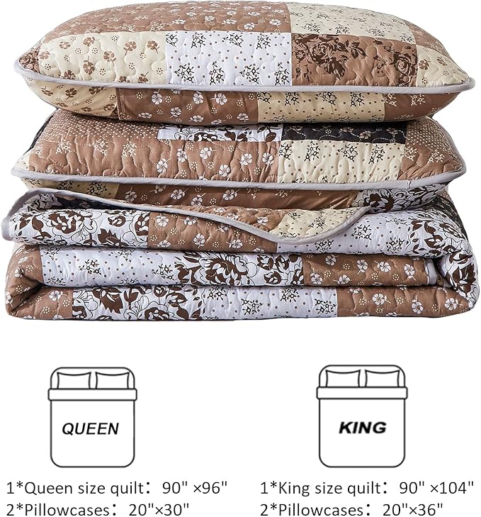 Mybedsoul Brown Patchwork Quilt Set California King Size,3 Pieces Khaki Floral Plaid Reversible Bedspread Coverlet Set for All Season,Summer Soft Microfiber Bedding Set 96"x 106"