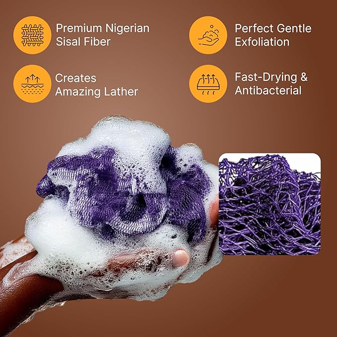 Nubiana African Net Sponge Authentic - 45 Inch Exfoliating Body Sponge from Nigeria - Natural Bath Sponge for Smooth Soft Skin - Long Lasting Quick-Drying - Single Pack (Purple)