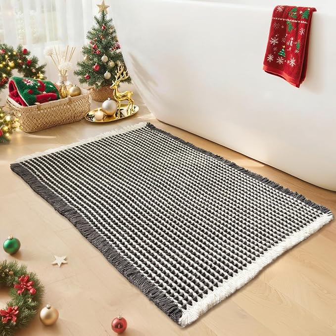 Waffle Bath Mat - Boho Bathroom Rugs Non Slip Washable, Super Absorbent & Quick Dry, Soft Bath Mat Farmhouse Bathroom Decor, 20'' x 32'', Dark Grey and White