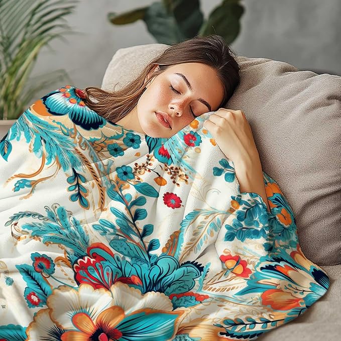 Flowers Blanket Throw, Turquoise Orange Hues Leaves Throw Blanket for Women Men, Soft Lightweight Flannel Fabric, Washable No-Pilling, 60x80 inches