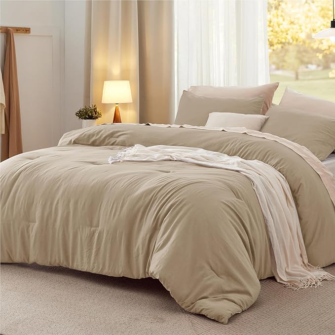 Bedsure Oversized King Size Comforter Set, Khaki Soft Prewashed Bedding for All Seasons, 3 Pieces GentleSoft™ Down Alternative Bed Set, 1 Lightweight Comforter (120"x98") and 2 Pillowcases (20"x36")