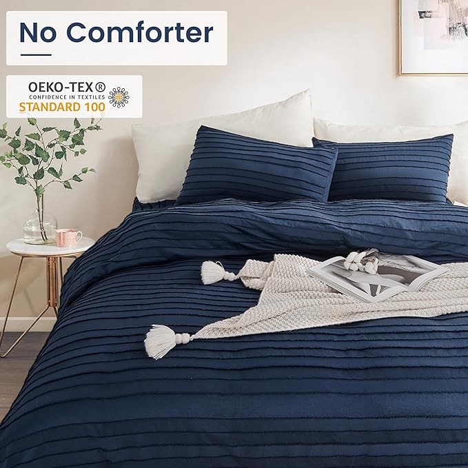 NEXHOME PRO Duvet Cover Full Size, Navy 3 Pieces Boho Tufted Duvet Cover Set, Soft and Lightweight Microfiber Comforter Cover Set for All Season (Navy Full, 80 x 90)-No Comforter