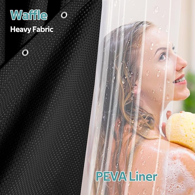 3 in 1 Shower Curtain Set, Waffle Shower Curtain and Liner Set with 6 Double Sided Shower Curtain Hooks, 258GSM Luxury Weighted Cloth Shower Curtains for Bathroom, 36 W x 72 H, Black