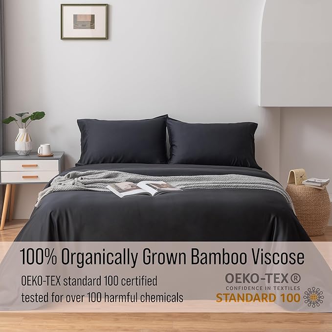Bella Coterie Luxury Bamboo Viscose Twin Size Sheet Set | 100% Organically Grown | Ultra Soft | Cooling for Hot Sleepers | 18" Deep Pocket [Black]