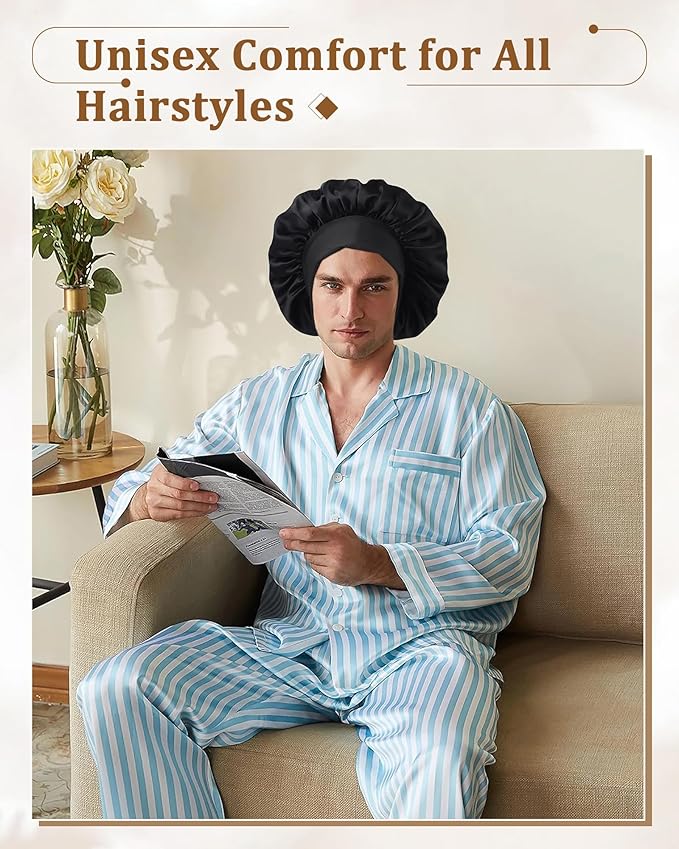 AWAYTR Mulberry Silk Bonnet for Sleeping - Silk Sleep Bonnet with Tie Band for Curly Hair Men and Women (Black)