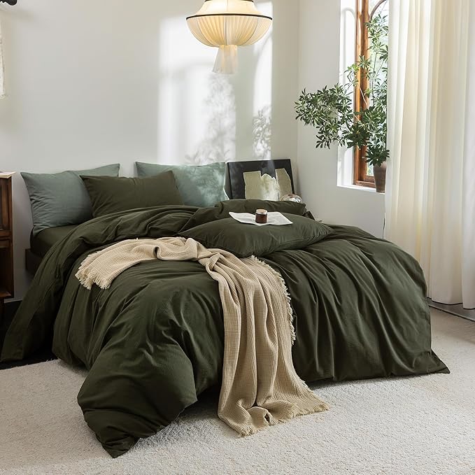 FOSSA Duvet Cover Set 100% Washed Cotton Linen Feel Super Soft Breathable Cozy 3 Pieces Bedding Sets Solid Olive Green Super Queen