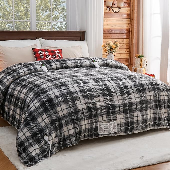 OCTROT Black Electric Heated Blanket King Size, 90X100 Black Blanket with Dual Control&10 Heats Levels&Timer for Bed,Large Plaid Sherpa Heating Blankets Warmer Gifts for Grandma Women Adults,Washable