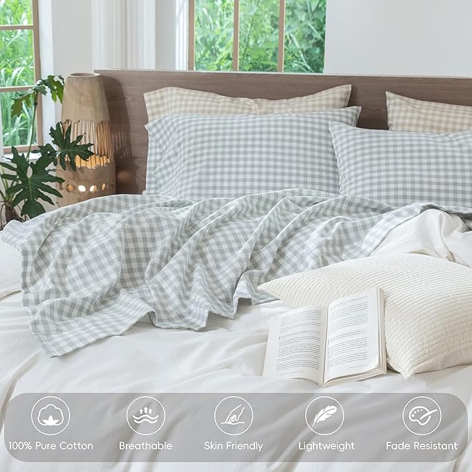 MooMee Gingham Sheet Set 100% Washed Cotton Linen Like Textured Breathable Soft w/Fully Elasticized 16-19" Deep Pocket (Classic Gingham Northern Droplet Grey, Queen)
