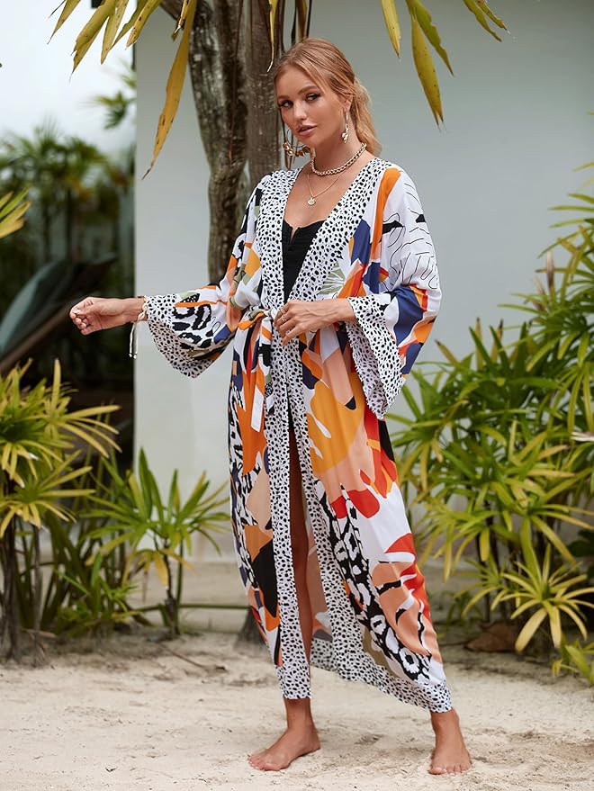 Women Casual Open Front Lightweight Cardigan Long Beach Kimono Cover Up