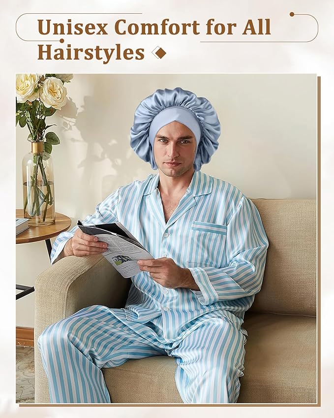 AWAYTR Mulberry Silk Bonnet for Sleeping - Silk Sleep Bonnet with Tie Band for Curly Hair Men and Women (Haze Blue)