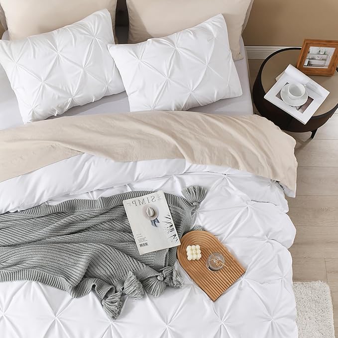 Litanika White King Pinch Pleat Duvet Cover, 3 Pieces Pintuck Cover Soft Microfiber Bedding Set with Zipper Closure & Corner Ties(104x90Inch-1 Duvet Cover, 2 Pillowcases)
