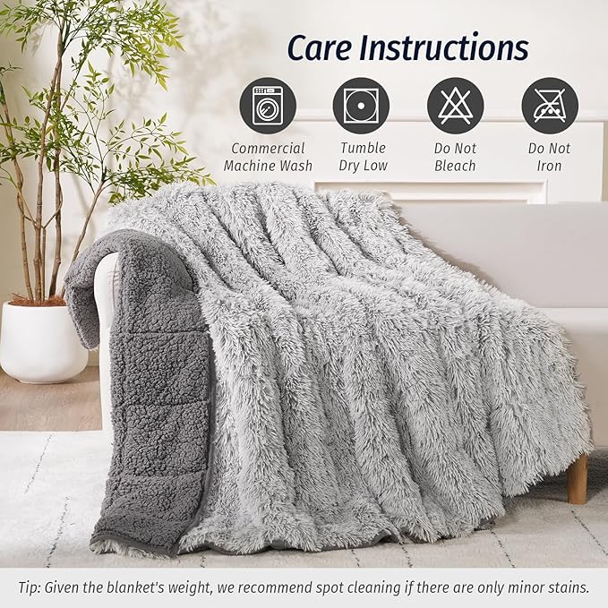 Wemore Shaggy Long Fur Faux Fur Weighted Blanket, Cozy and Plush Sherpa Long Hair Blanket for Adult 20lbs, Fluffy Fuzzy Sherpa Reverse Heavy Blanket for Bed, Couch, Backprint Grey, 60 x 80 Inches