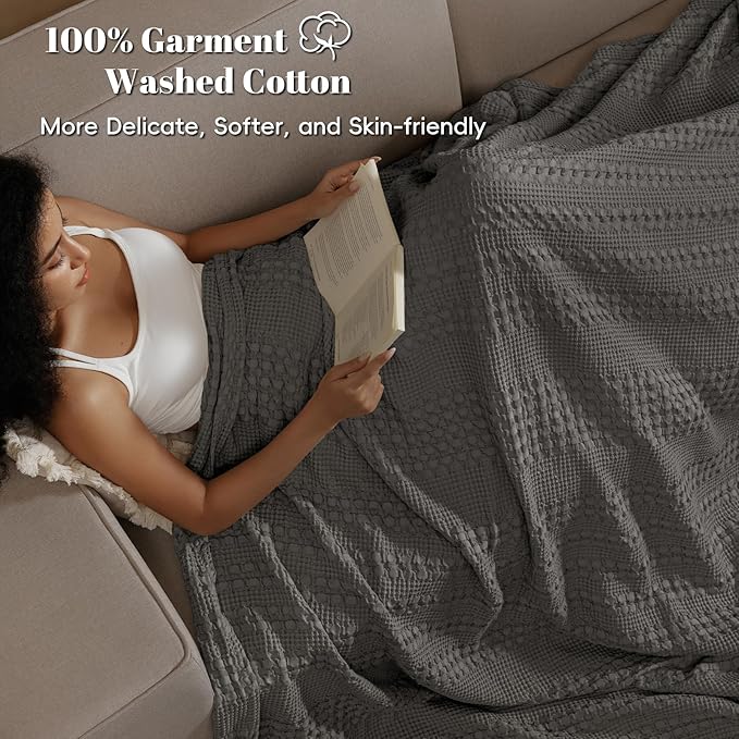 PHF 100% Cotton Waffle Blanket Oversized King 120"x120", Lightweight Breathable Extra Large 10'x10' Blankets for Bed, Giant Big Luxury Aesthetic Woven Bedding for Home Decor, Charcoal Grey