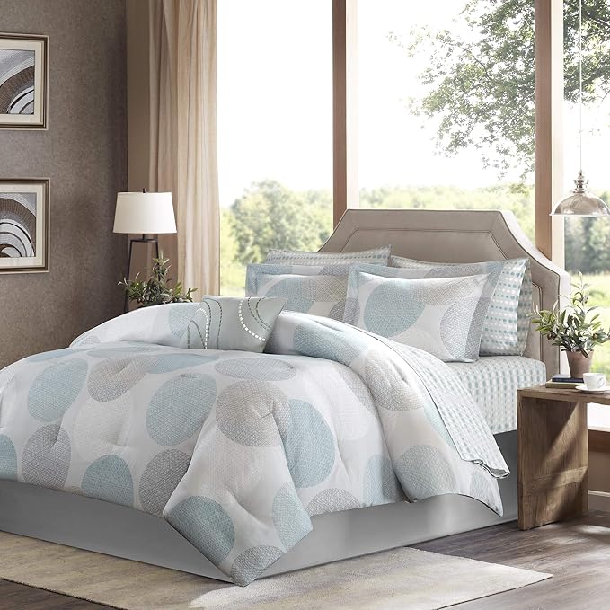 Madison Park Essentials Bed in a Bag Comforter, Vibrant Color Design All Season Down Alternative Cover with Complete Cotton Sheet Set, Queen(90"x90"), Knowles, Circular Aqua, 9 Piece