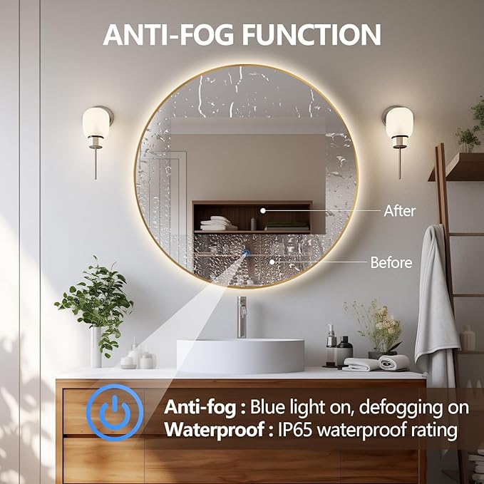 Niccy 28" LED Backlit Round Mirror for Bathroom, Gold Framed Vanity Light Wall Mirror LED Smart Circle Mirrors with 3 Lighting Colors, Dimmable Lighted Mirror with Anti-Fog, IP65 Waterproof