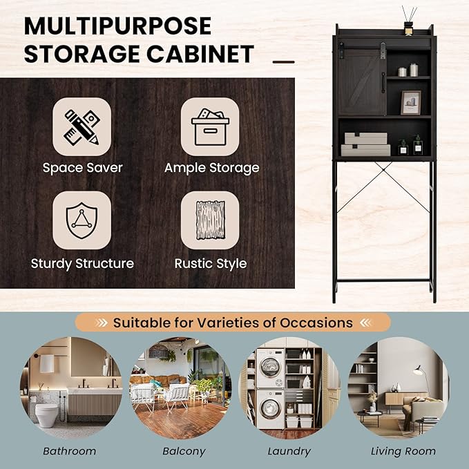 Giantex Over The Toilet Storage Cabinet - Freestanding Bathroom Organizer Rack with Adjustable Shelf, Sliding Barn Door, Paper Holder, Bathroom Space Saver, Above Toilet Storage Cabinet (Espresso)