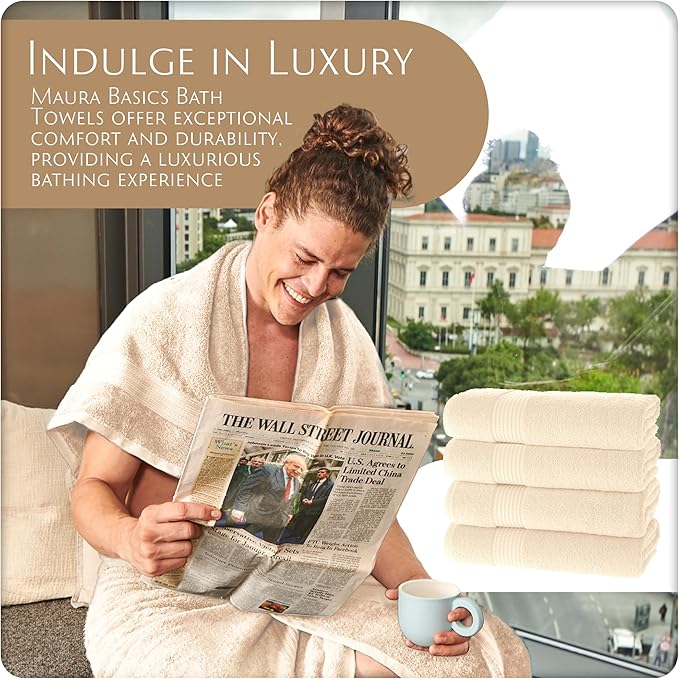 MAURA Basics Performance Bath Towels 100% Turkish Cotton with Hook Loops. Extra Large Luxury Absorbent Plush Towel Sets for Bathroom, Daily Use American Standard Size 27”x54”, Cream