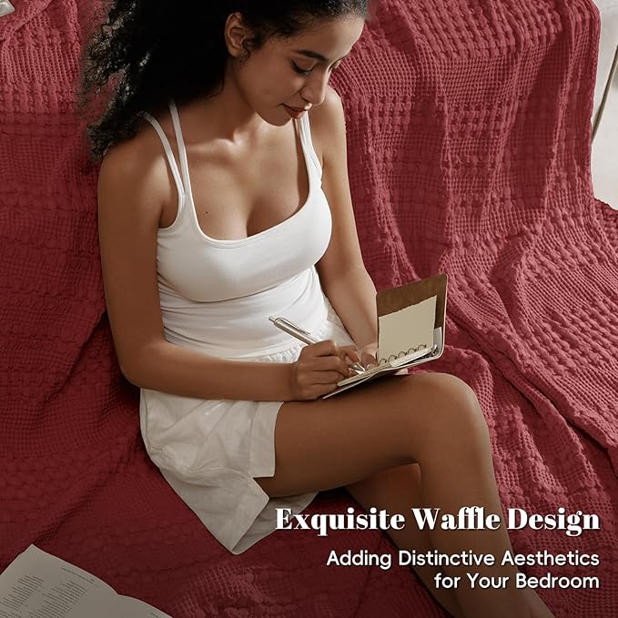 PHF 100% Cotton Waffle Weave Blanket King Size for Bed, Soft Lightweight & Breathable, All-Season Comfort, Luxury Aesthetic Woven Bedding for Home Decor, 108"x90", Wine Red