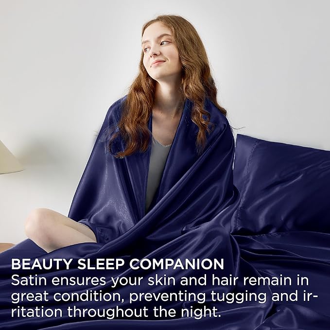 Bedsure Satin Sheets Full Size - 4 Piece Silky Bedsheets with 15 Inches Deep Pocket Fitted Bedsheet,1 Flat Sheet, 2 Satin Pillowcases, Good for Hair & Skin (Full, Navy)