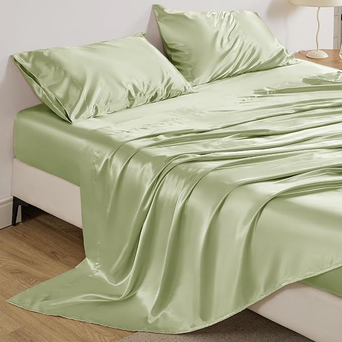 Bedsure Satin Sheets Queen Size - 4 Piece Silky Bedsheets with 15 Inches Deep Pocket Fitted Bedsheet,1 Flat Sheet, 2 Satin Pillowcases, Good for Hair & Skin (Queen, Sage Green)