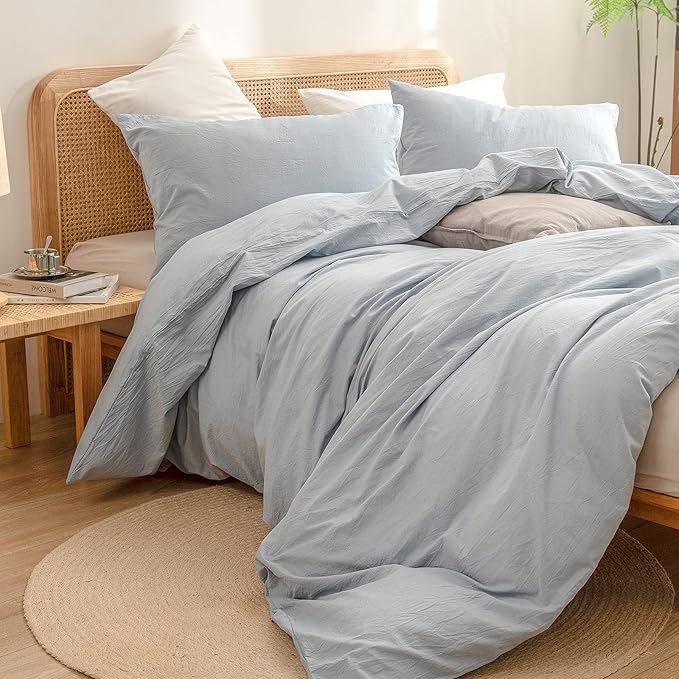 BESTOUCH Duvet Cover Set 100% Washed Cotton Linen Feel Super Soft Comfortable Chic Lightweight 3 PCs Home Bedding Set Solid Cornflower Blue Cal King