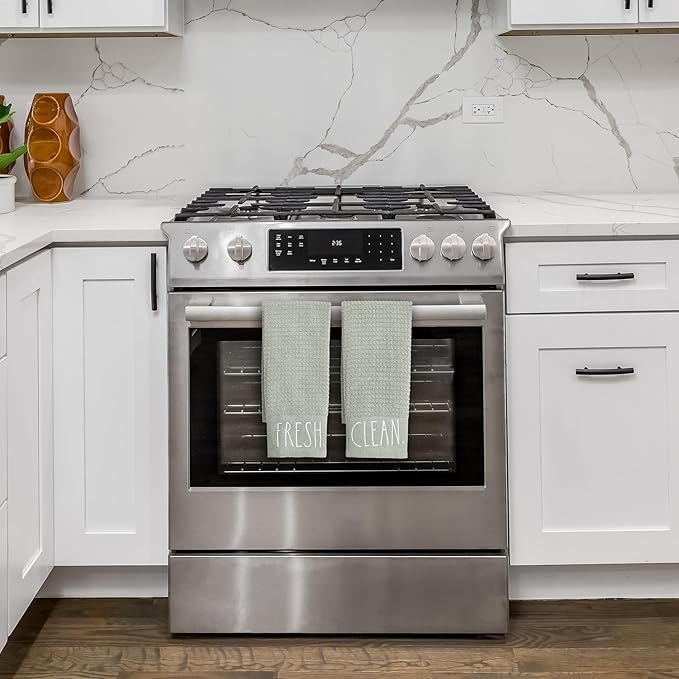 Rae Dunn Hand Towels, Embroidered Decorative Hand Towel for Kitchen and Bathroom, 100% Cotton, Sage- Fresh/Clean, 16"x 26"