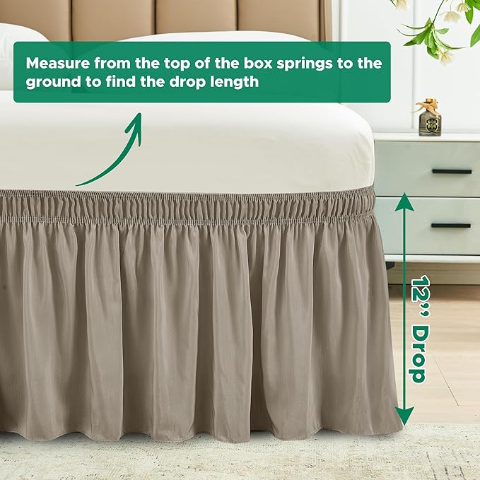 Biscaynebay Wrap Around Bed Skirts for Full & Full XL Beds Short Drop of 12", Taupe Adjustable Elastic Dust Ruffles Easy Fit Wrinkle Resistant Silky Luxurious Fabric Machine Washable