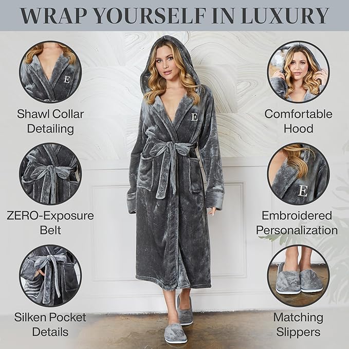 Lotus Linen Plush Robes for Women - Soft Bathrobe, Custom Monogram, Warm Fleece Robe with Pockets