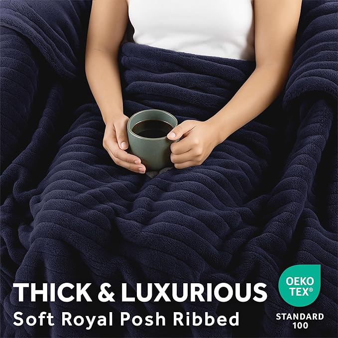 Sunbeam Royal Posh Velvet Heated Throw Electric Blanket, 50" x 60", 4 Heat Settings, 4-Hour Auto Shut-Off, Warming Throw for Couch, Fast Heating, Machine Washable, Warm and Cozy, Ribbed Admiral Blue