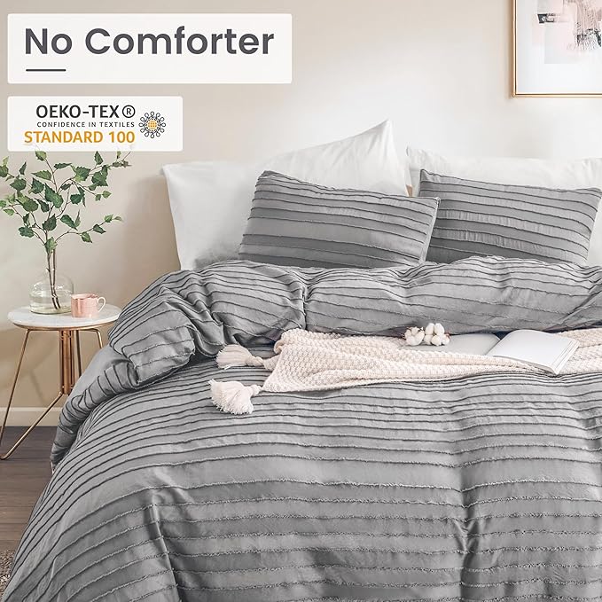 NEXHOME PRO Twin Duvet Cover, Grey 2 Pieces Boho Tufted Twin Size Duvet Cover Set, Soft and Lightweight Microfiber Comforter Cover Set for All Season (Grey Twin, 66 x 90)-No Comforter