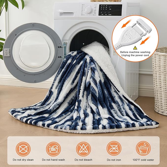 Heated Blanket Throw - 50"x60" Fast Heating Bed Electric Blankets Throw with 6 Heating Levels & 4 Hours Auto Off, Soft Ribbed Faux Fur Sherpa, Over-Heated Protection ETL, Navy Blue