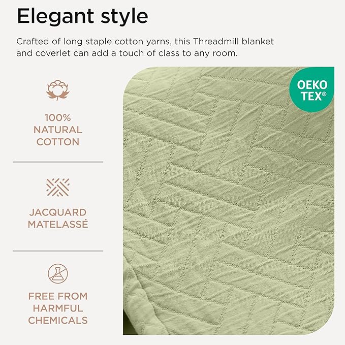Threadmill Luxury Cotton Blankets for King Size Bed | All-Season Cozy 100% Cotton King Blanket | Criss Cross Soft & Lightweight Coverlet fits California King Size Bed, 104x92 | Sage Green